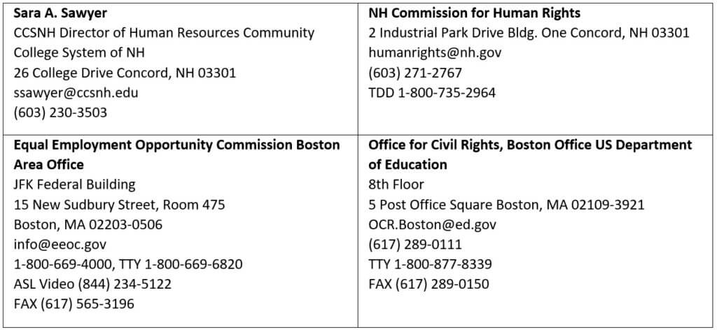 Sara A. Sawyer CCSNH Director of Human Resources Community College System of NH 26 College Drive Concord, NH 03301 ssawyer@ccsnh.edu (603) 230-3503 NH Commission for Human Rights 2 Industrial Park Drive Bldg. One Concord, NH 03301 humanrights@nh.gov (603) 271-2767 TDD 1-800-735-2964 Equal Employment Opportunity Commission Boston Area Office JFK Federal Building 15 New Sudbury Street, Room 475 Boston, MA 02203-0506 info@eeoc.gov 1-800-669-4000, TTY 1-800-669-6820 ASL Video (844) 234-5122 FAX (617) 565-3196 Office for Civil Rights, Boston Office US Department of Education 8th Floor 5 Post Office Square Boston, MA 02109-3921 OCR.Boston@ed.gov (617) 289-0111 TTY 1-800-877-8339 FAX (617) 289-0150