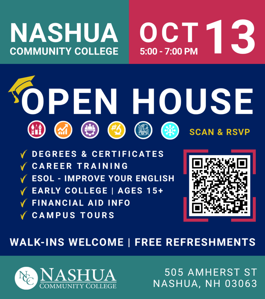 Open House flyer for the October 13 event. It says visitors can learn more about degrees and certificates, career training, ESOL, Financial Aid information, and Campus tours.